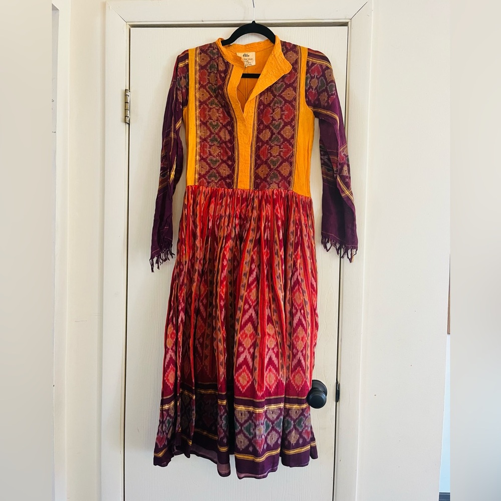 Vtg 70s hand woven cotton prairie forest fairy fringe Indian kaftan dress xs